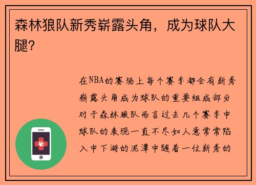 森林狼队新秀崭露头角，成为球队大腿？
